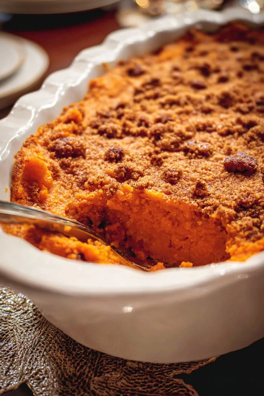 Delicious homemade sweet potato casserole topped with marshmallows and pecans.