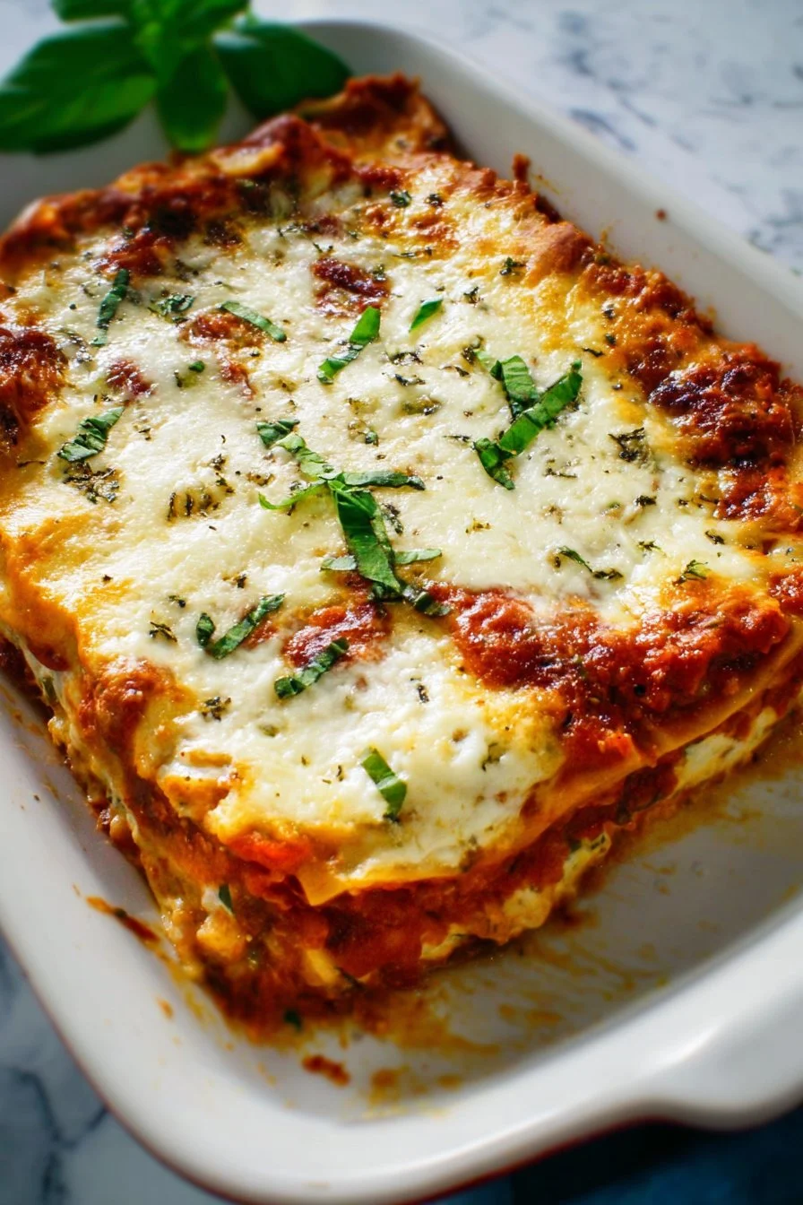 Delicious vegetarian lasagna with layers of cheese and fresh vegetables.