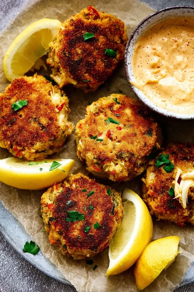 Plate of easy homemade crab cakes served with a side of dipping sauce