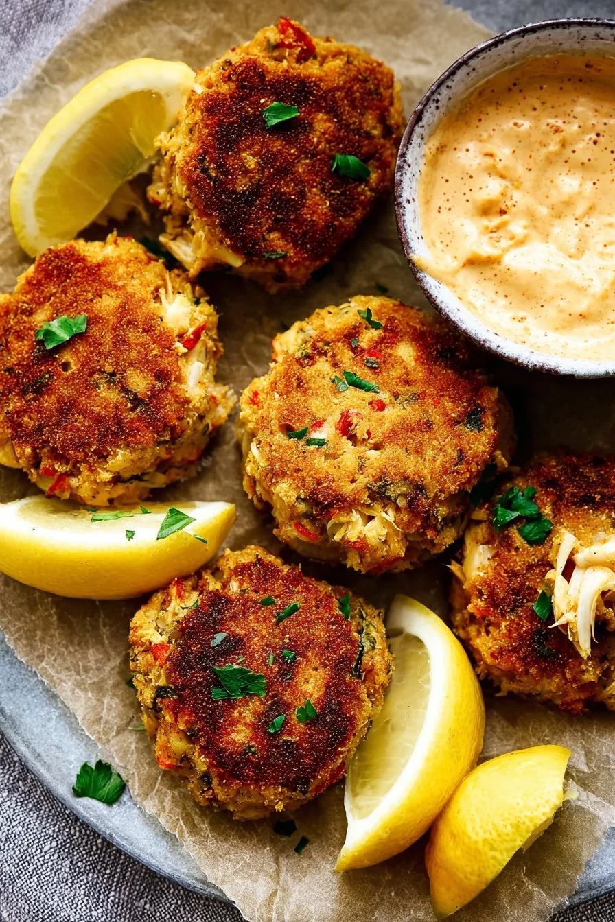 Plate of easy homemade crab cakes served with a side of dipping sauce