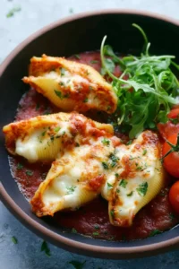 A plate of three cheese stuffed shells topped with marinara sauce and herbs.