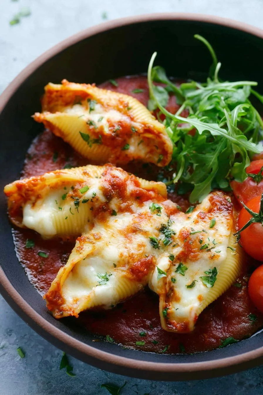 A plate of three cheese stuffed shells topped with marinara sauce and herbs.