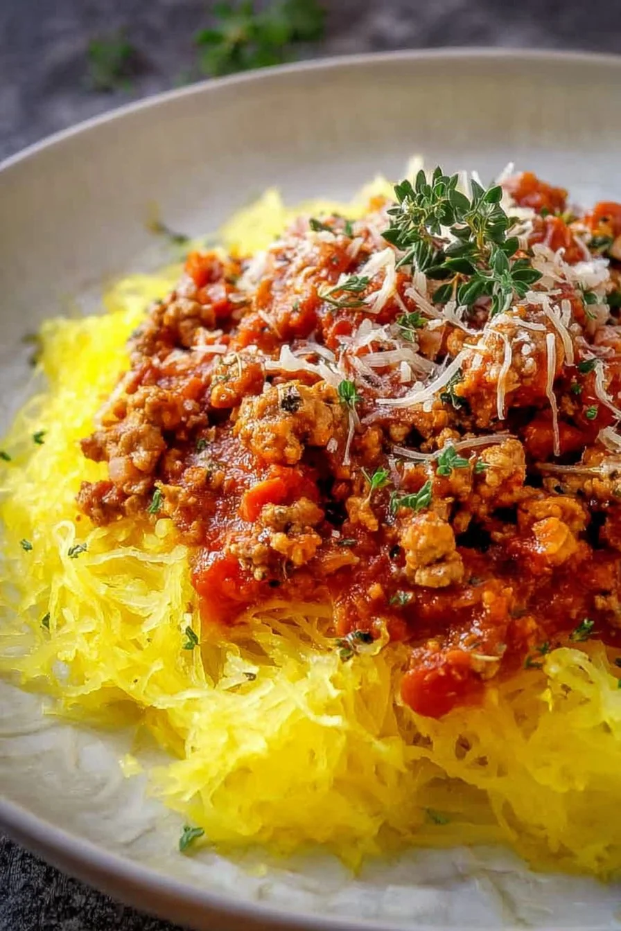 Plate of Turkey Bolognese with roasted spaghetti squash garnished with herbs
