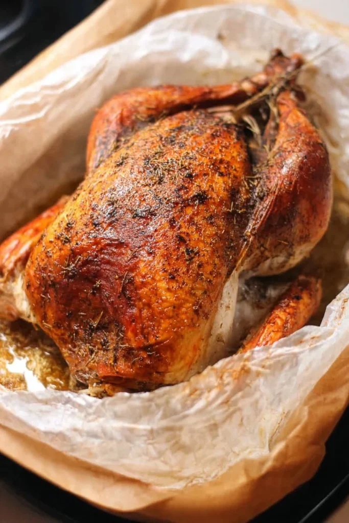 A beautifully cooked turkey in a bag ready for Thanksgiving dinner.