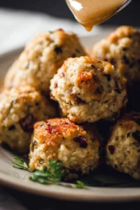 Cooked Turkey Stuffing Balls served on a platter for a festive meal.