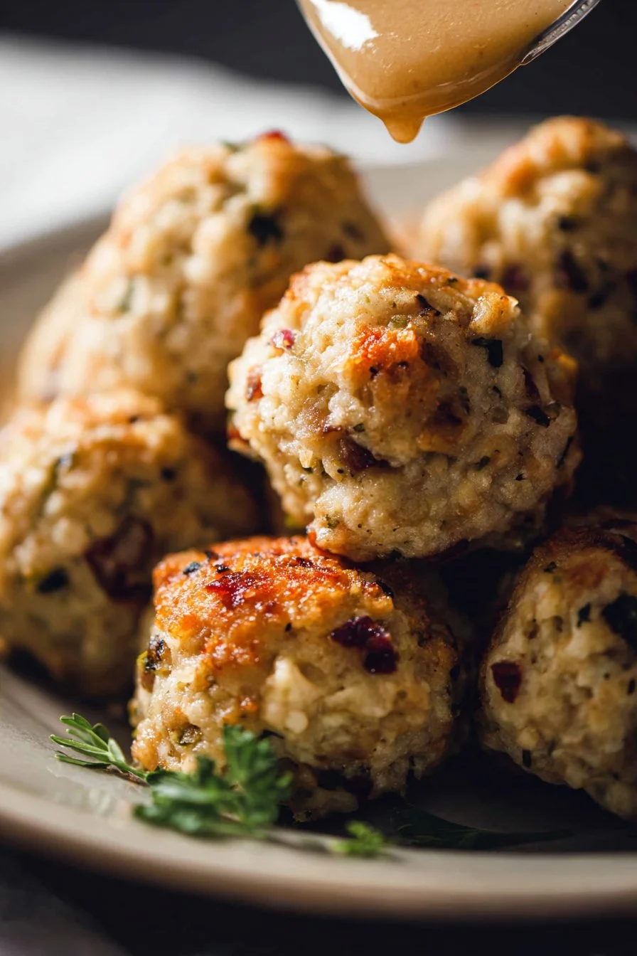 Cooked Turkey Stuffing Balls served on a platter for a festive meal.