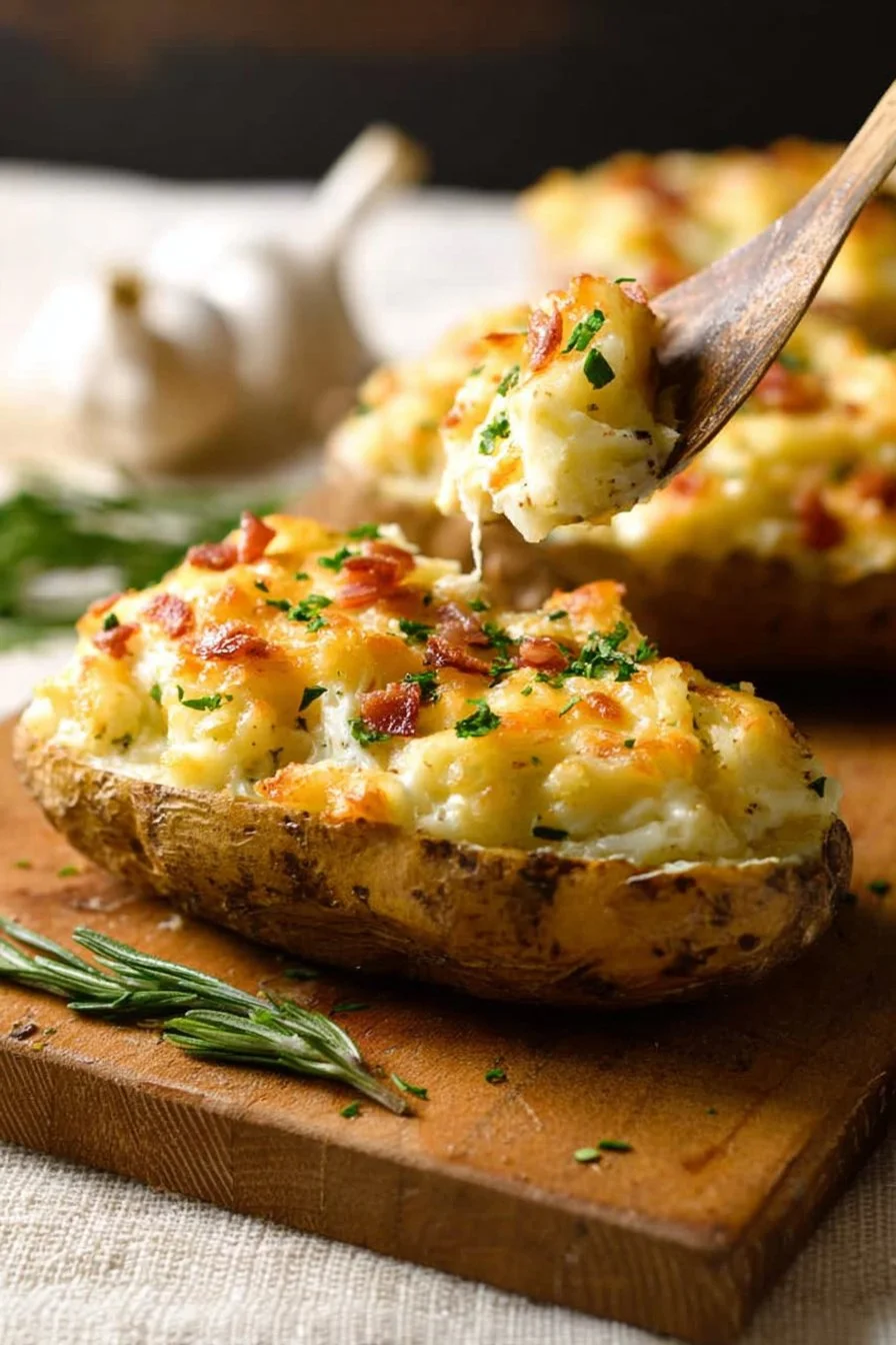 Delicious twice baked potatoes topped with cheese and chives on a plate.