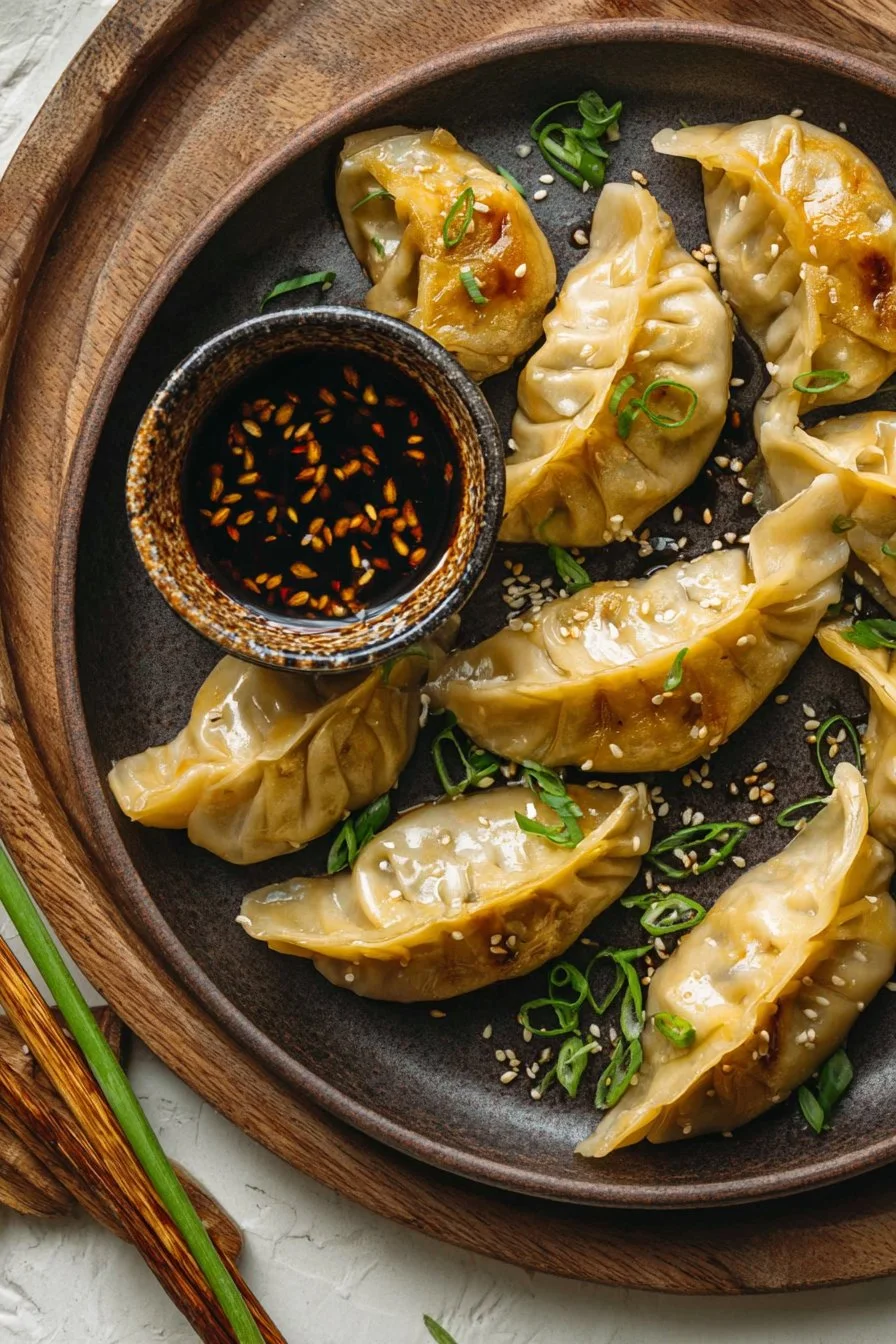 A plate of delicious vegetable dumplings with colorful vegetables, ready to be served