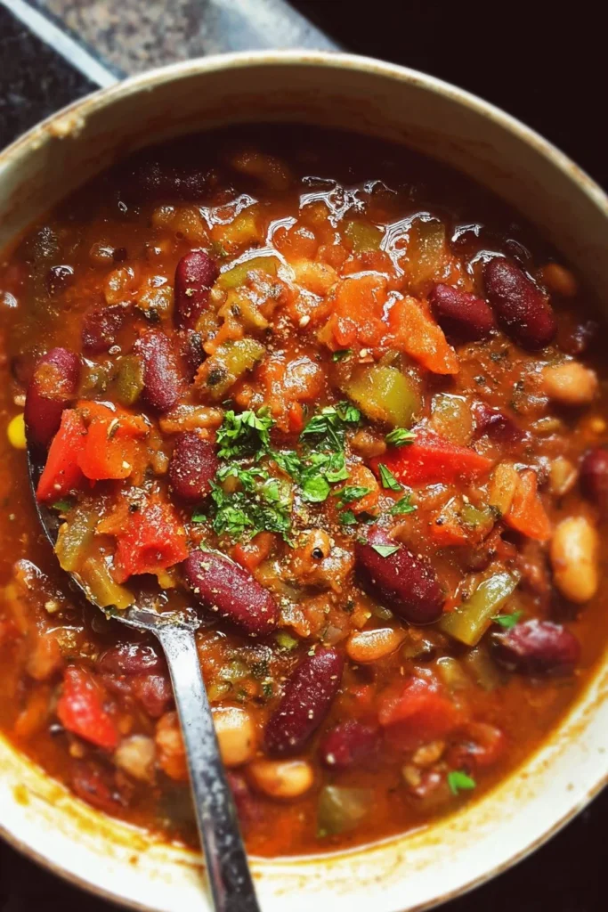 A bowl of flavorful vegetarian chili topped with fresh herbs.