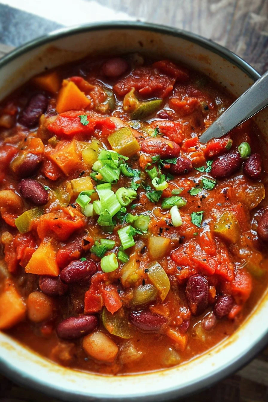 Bowl of hearty vegetarian chili topped with fresh herbs and avocado