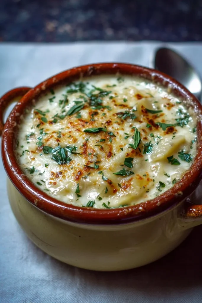 A bowl of creamy white lasagna soup topped with cheese and fresh herbs