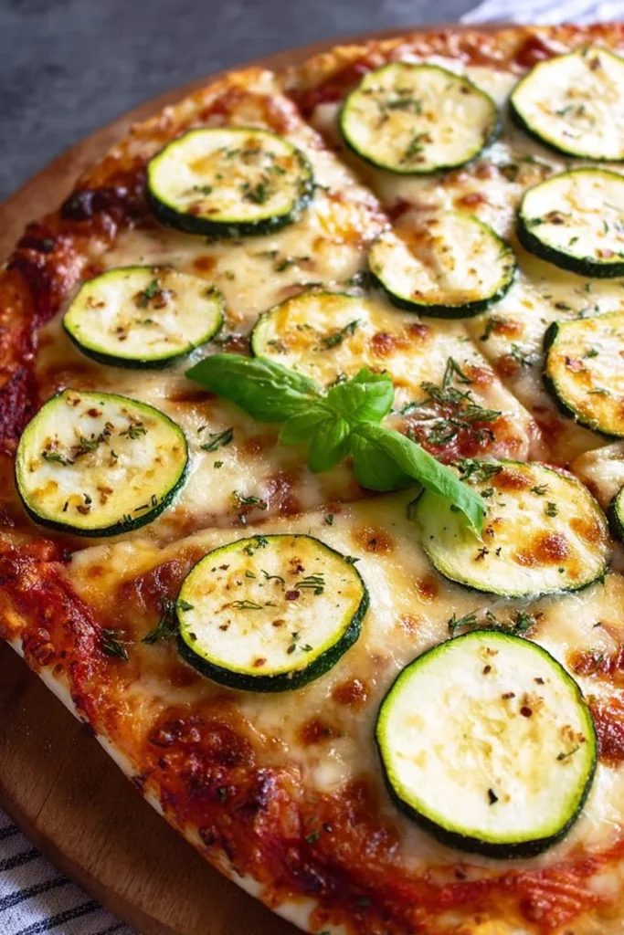Sliced zucchini pizza topped with cheese and fresh herbs, a healthy pizza option.