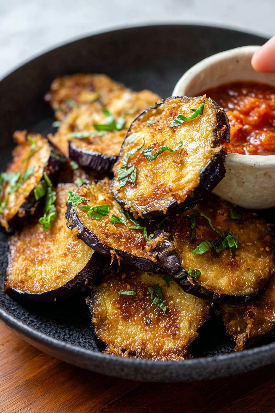Crispy air fryer eggplant slices garnished with herbs on a plate.