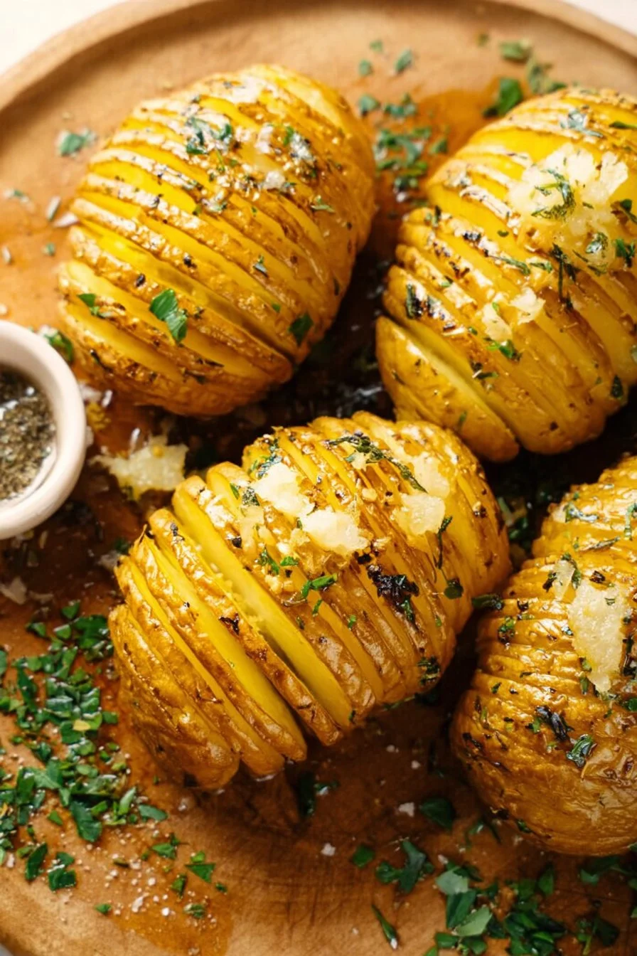 Air Fryer Garlic Butter Hasselback Potatoes garnished with herbs