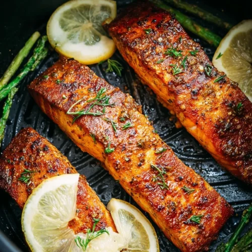 Crispy air fryer salmon fillet garnished with herbs and lemon