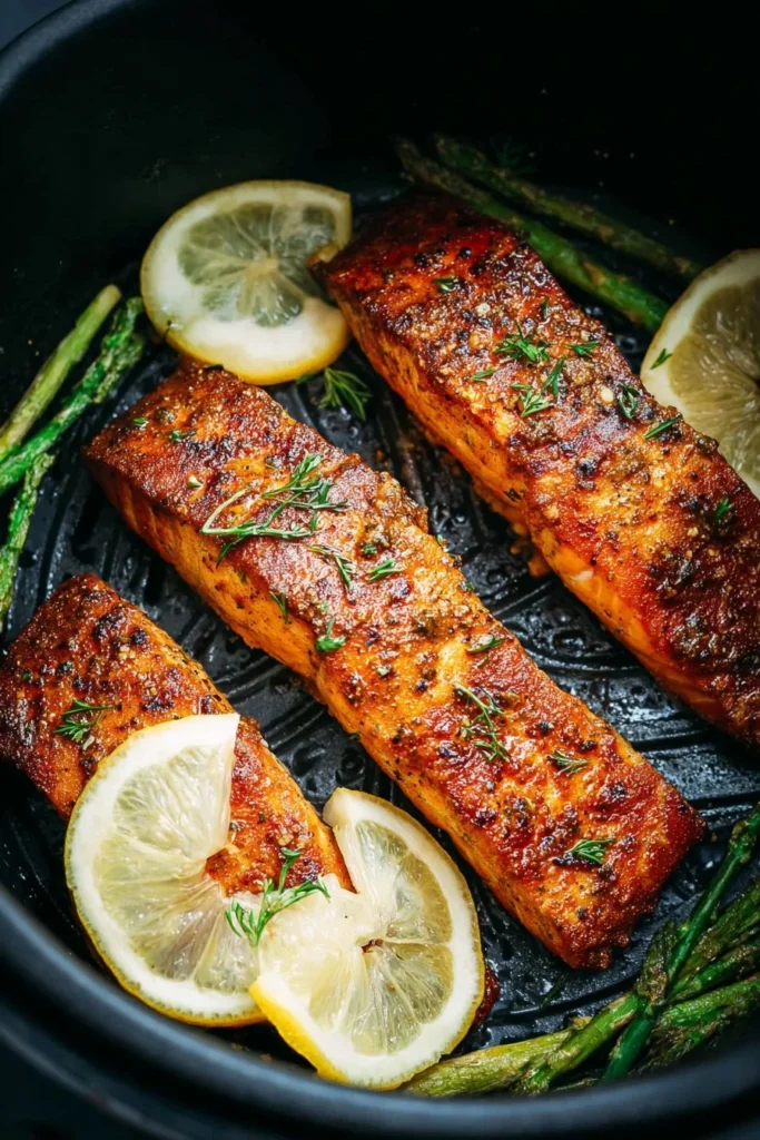 Crispy air fryer salmon fillet garnished with herbs and lemon