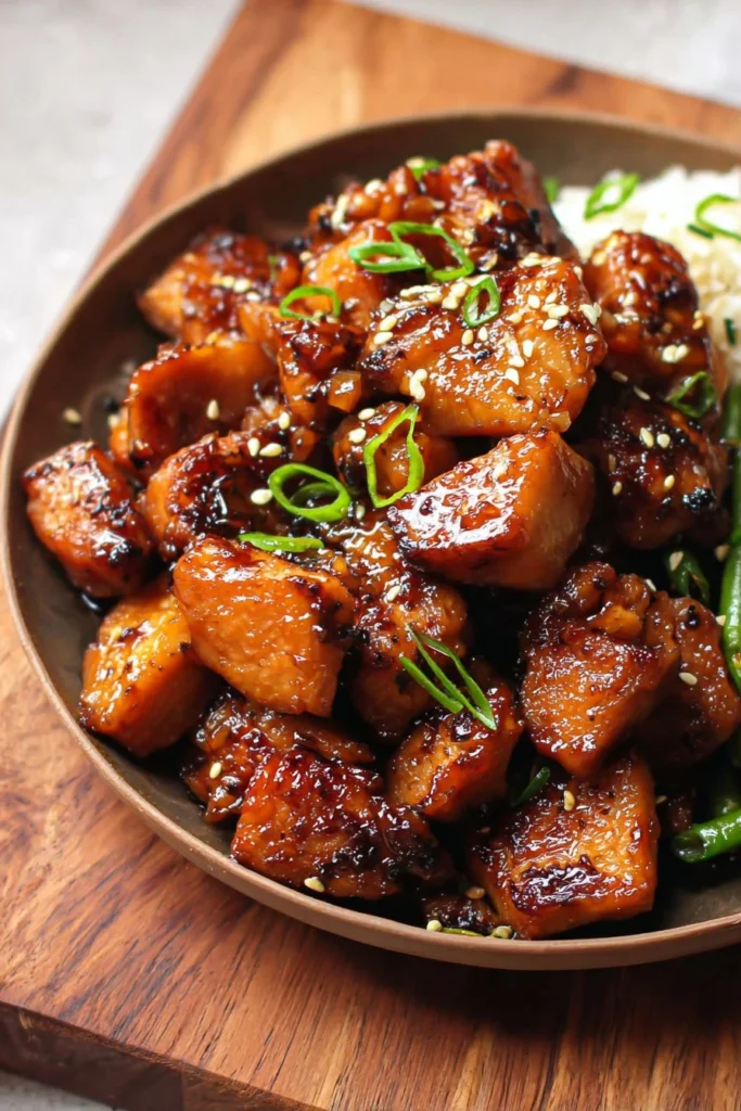 Serving of Air Fryer Teriyaki Chicken garnished with sesame seeds and green onions.