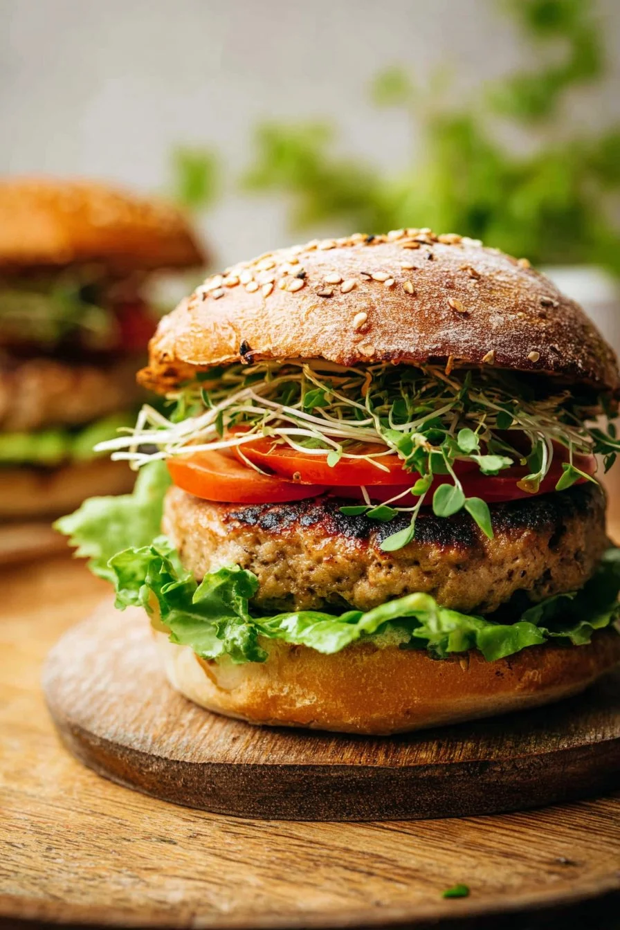 Juicy air fryer turkey burgers cooked to perfection with fresh toppings.
