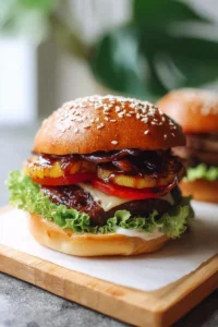 Delicious teriyaki burgers topped with fresh ingredients on a grill plate.