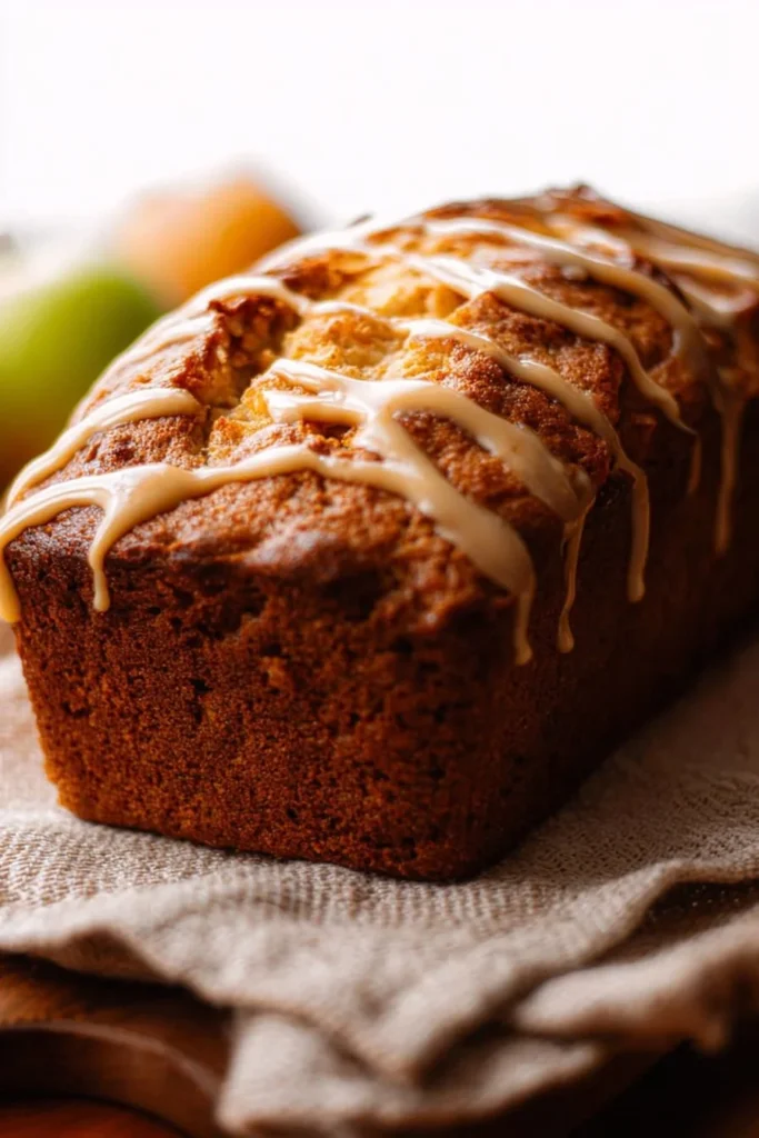 Freshly baked apple bread loaf with slices and cinnamon on a wooden table
