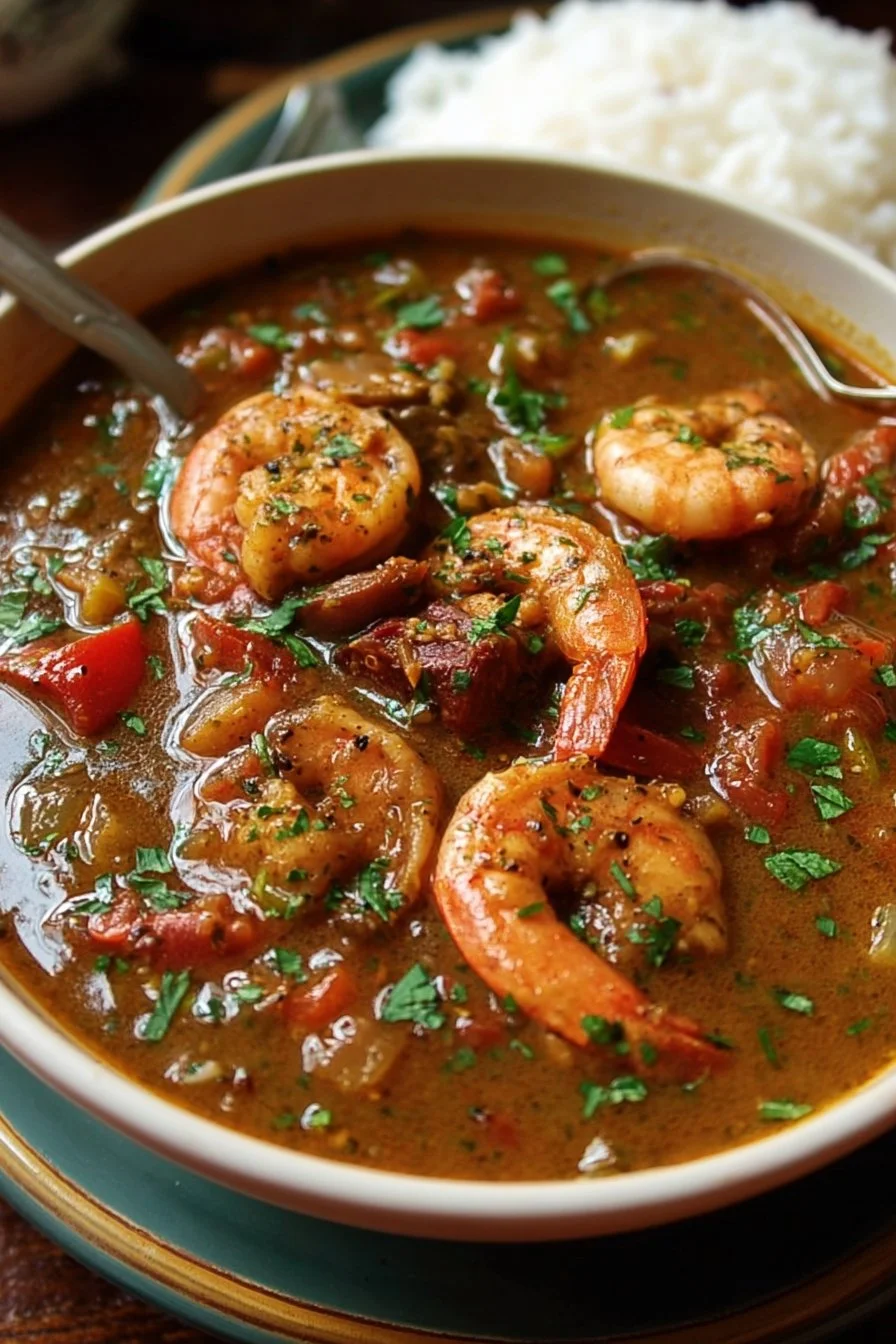 A bowl of authentic Cajun gumbo with seafood, sausage, and spices.