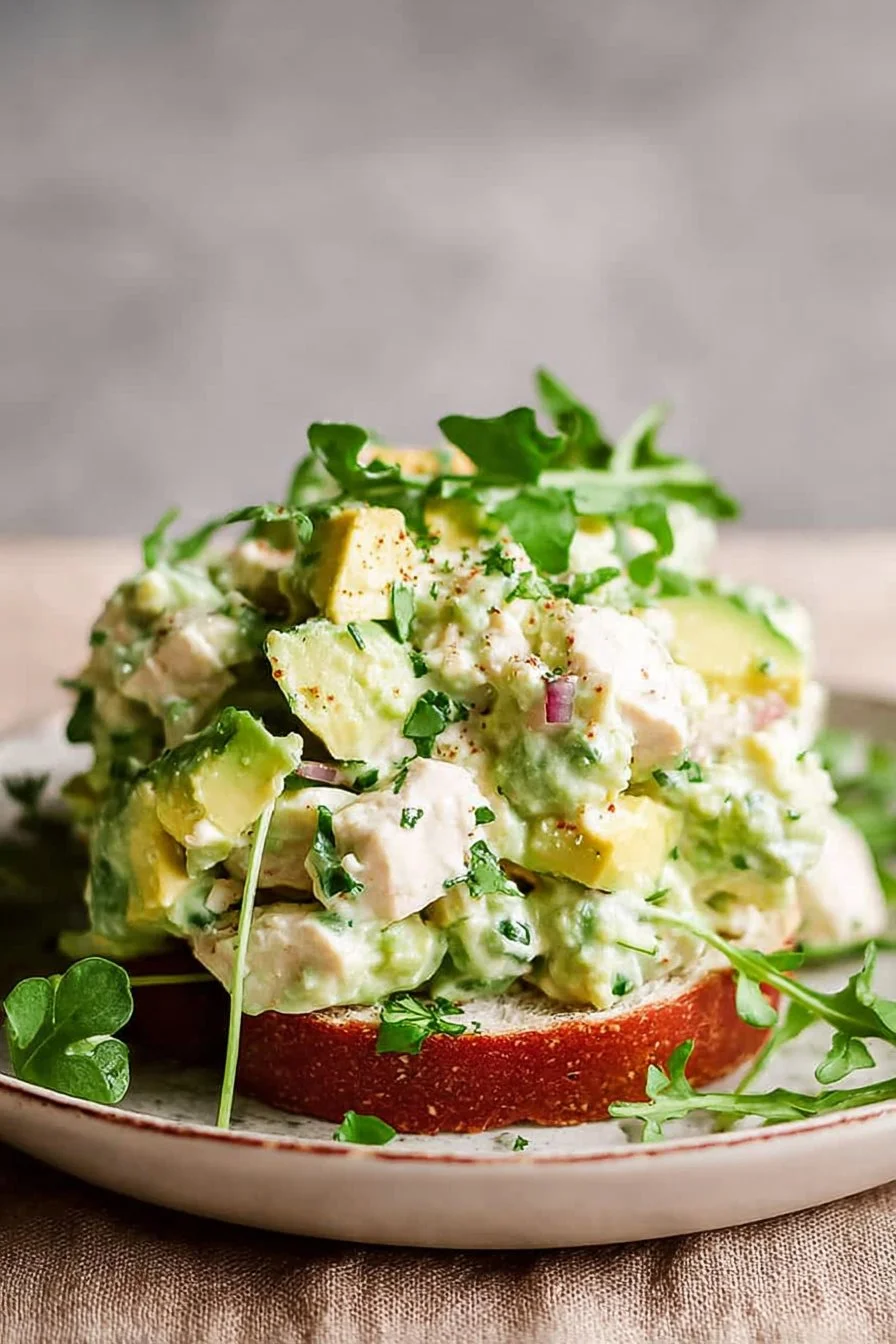 Bowl of fresh Avocado Chicken Salad with chunks of chicken and avocado.