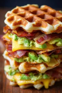 Bacon and Avocado Waffle Grilled Cheese sandwich served on a plate