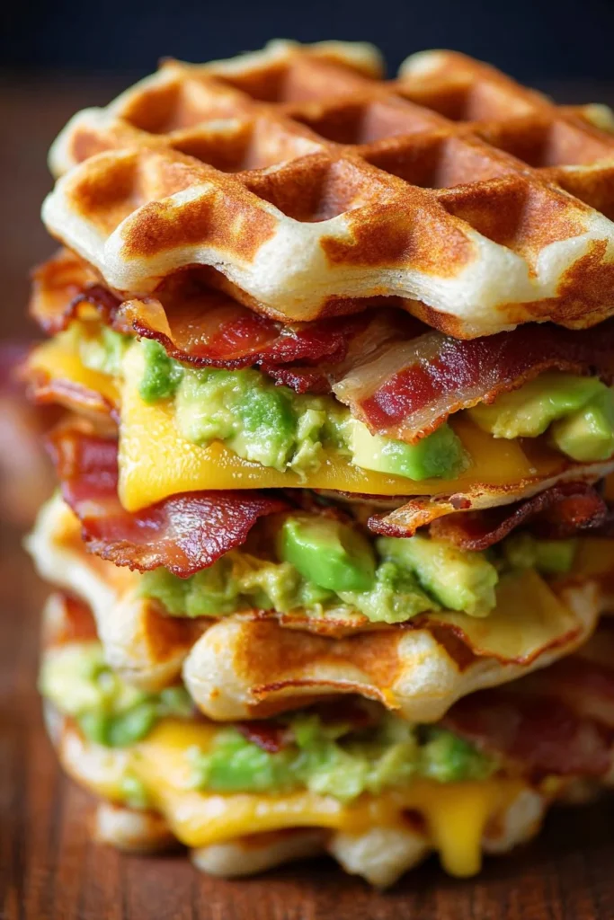 Bacon and Avocado Waffle Grilled Cheese sandwich served on a plate