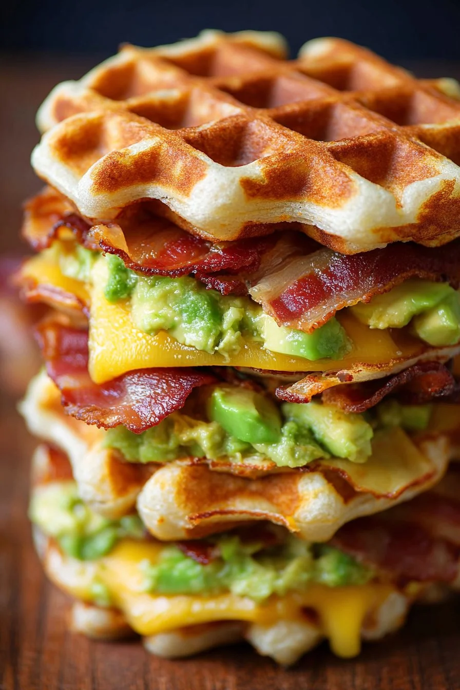 Bacon and Avocado Waffle Grilled Cheese sandwich served on a plate