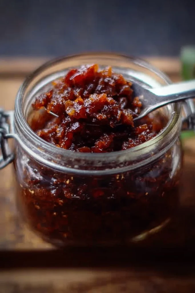 A jar of homemade bacon jam with a spoon, showcasing its rich texture and flavor.