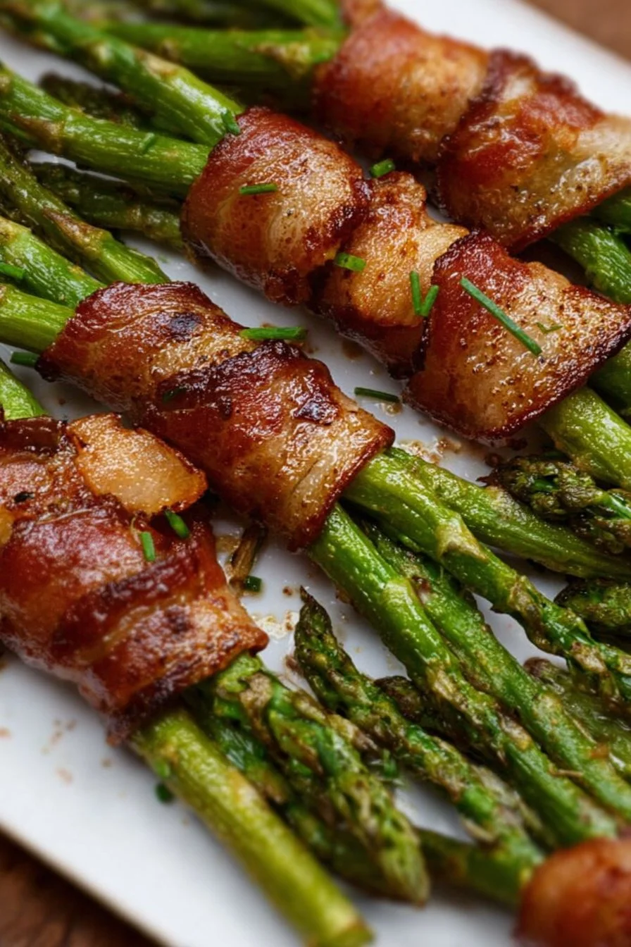 Platter of Bacon Wrapped Asparagus drizzled with balsamic glaze on a wooden table