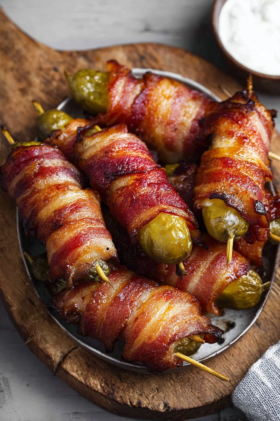 Plate of crispy bacon wrapped pickles served with dipping sauce.