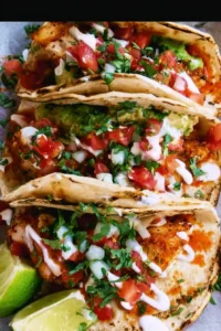 Delicious Baja Fish Tacos served with fresh toppings and lime wedges
