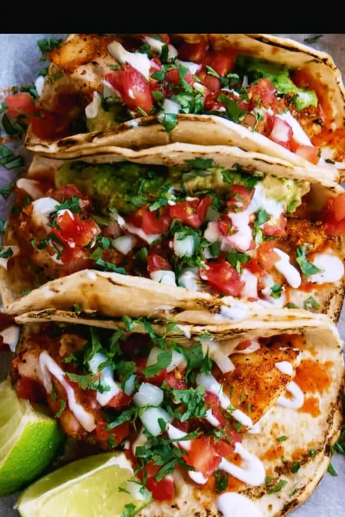 Delicious Baja Fish Tacos served with fresh toppings and lime wedges