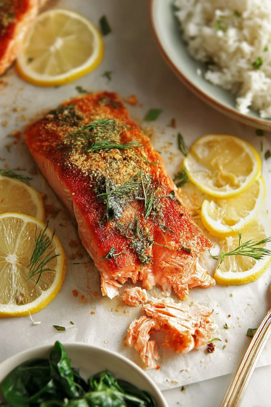 Delicious baked salmon served with vegetables and lemon wedges