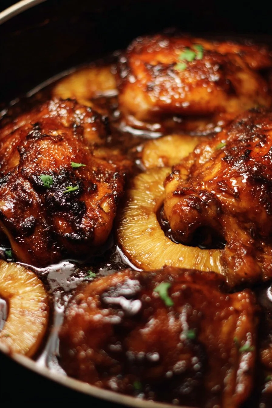 Delicious baked Huli Huli chicken garnished with pineapple and herbs