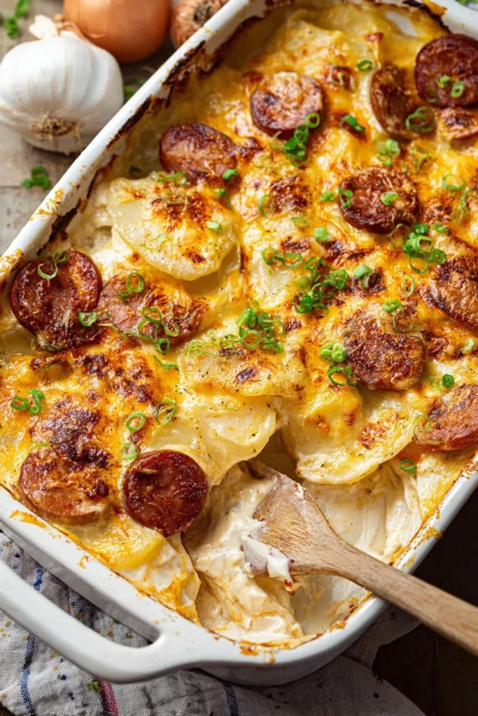 Delicious Baked Kielbasa Pierogi Casserole topped with cheese and herbs