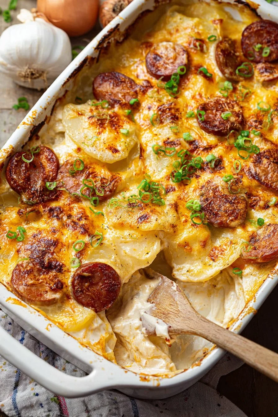 Delicious Baked Kielbasa Pierogi Casserole topped with cheese and herbs