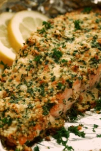Baked Parmesan Garlic Herb Salmon in Foil, garnished with herbs
