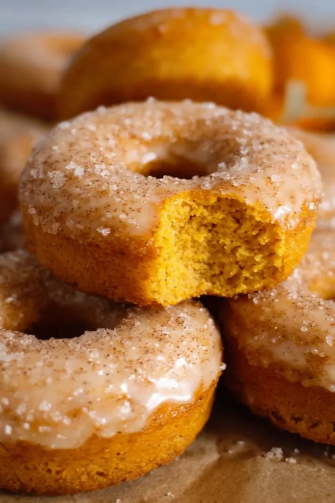 Baked pumpkin donuts with brown butter glaze on a decorative plate