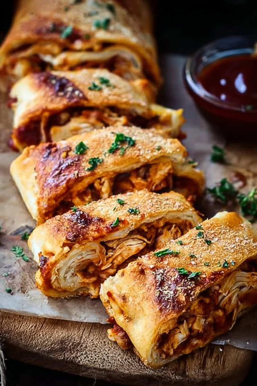 BBQ Chicken Stromboli served with dipping sauce on a wooden platter