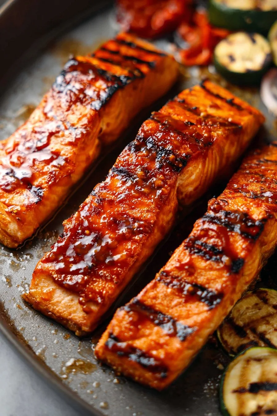 Delicious BBQ Salmon on the grill, garnished with herbs.