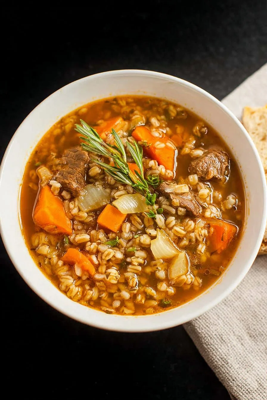 Bowl of delicious beef barley soup with vegetables and herbs