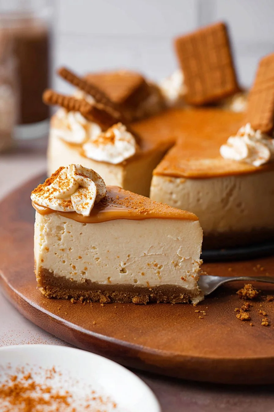 Biscoff cheesecake topped with cookie butter and Biscoff crumbles