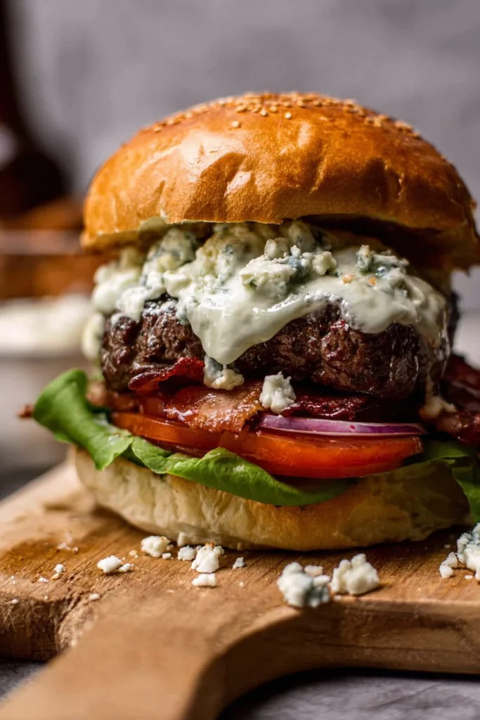 Delicious blue cheese burger served with fresh toppings and grilled to perfection