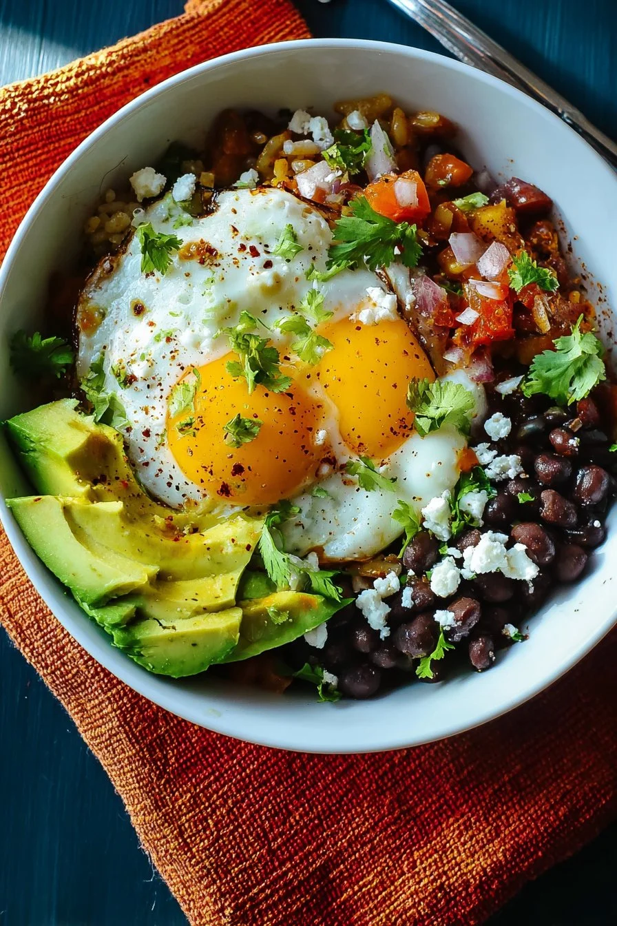 Delicious breakfast burrito bowls with eggs, cheese, and fresh toppings