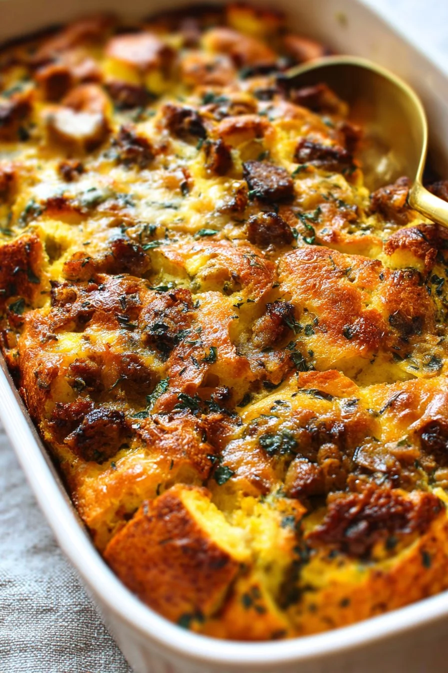 Delicious breakfast strata with eggs, cheese, and veggies
