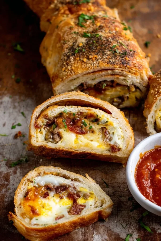 Delicious Breakfast Stromboli filled with eggs, cheese, and breakfast meats.