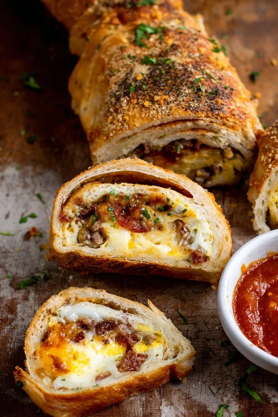 Delicious Breakfast Stromboli filled with eggs, cheese, and breakfast meats.