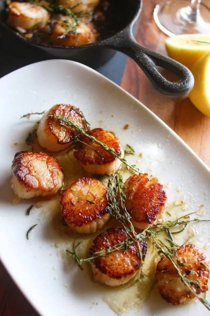 Seared brown butter scallops served on a plate with garnish